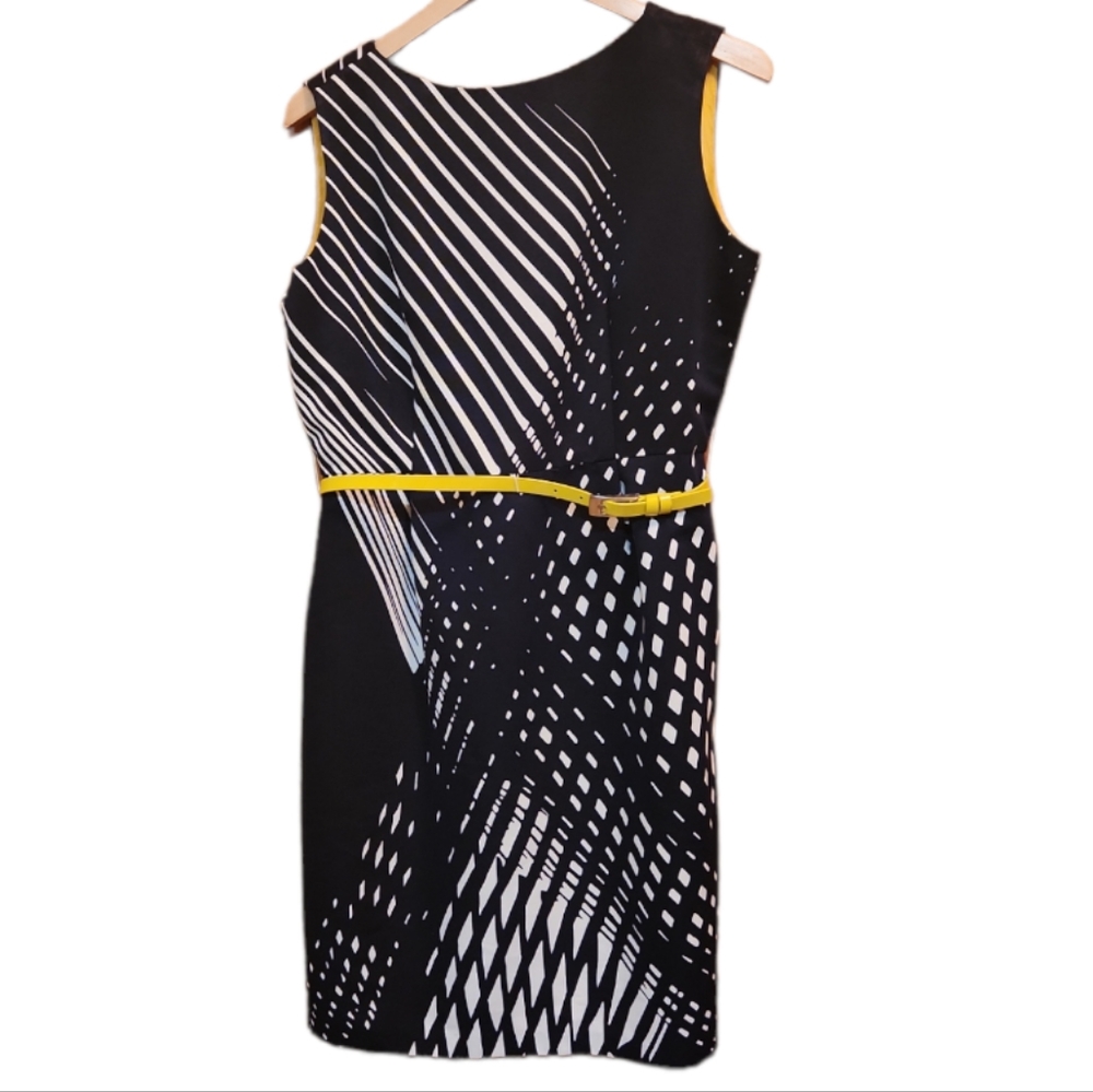 CHETTA B SUNHEE 12 BLUE WHITE & YELLOW SLEEVELESS FITTED ALINE MIDI DRESS